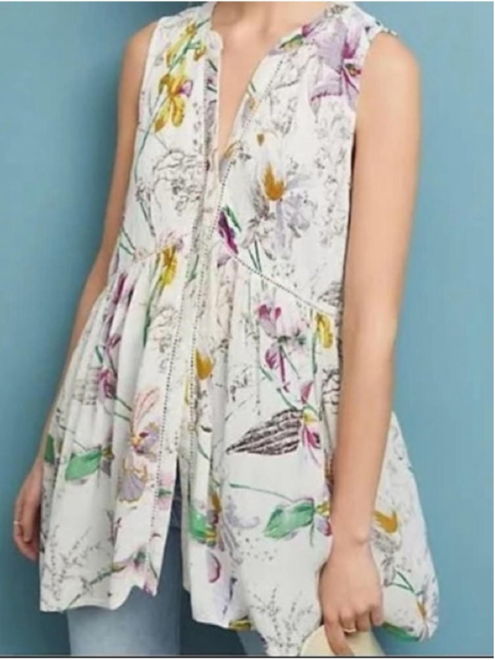 By Anthropologie Floral Botanical Swing Tunic Dress Boho Garden Cottagecore XS